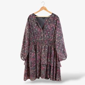 Torrid Smocked Waist Mini Dress 3X Long Sheer Sleeve Tiered Ruffle Gray Pink